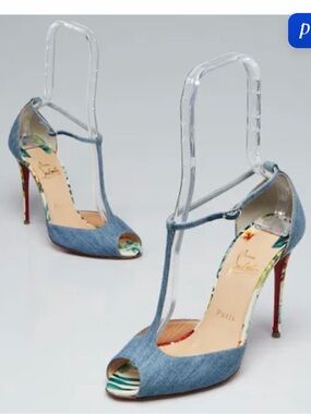 Christian Louboutin Denim T-Strap Peep Toe Heels - Blue with Red Soles